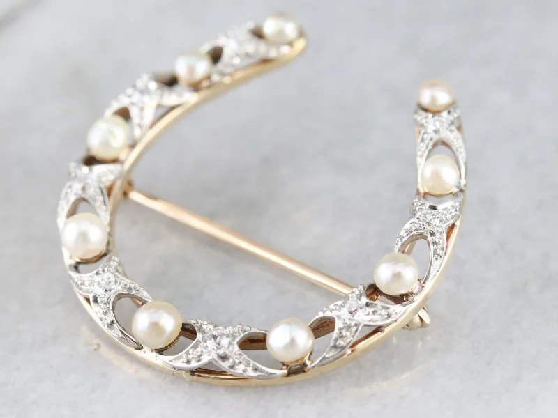 Stylish Brooch For Wedding Attire-Old Mine Cut Diamond and Pearl Horseshoe Brooch