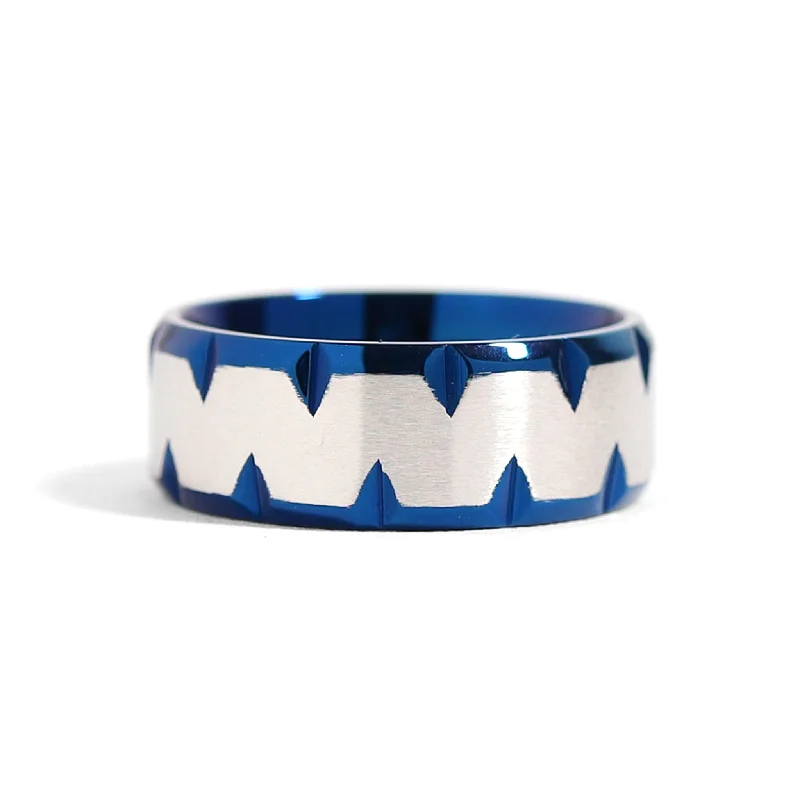 Trendy Fashion Rings For Statement Look-Blue Stainless Steel Zig Zag Center Ring / PRJ0262