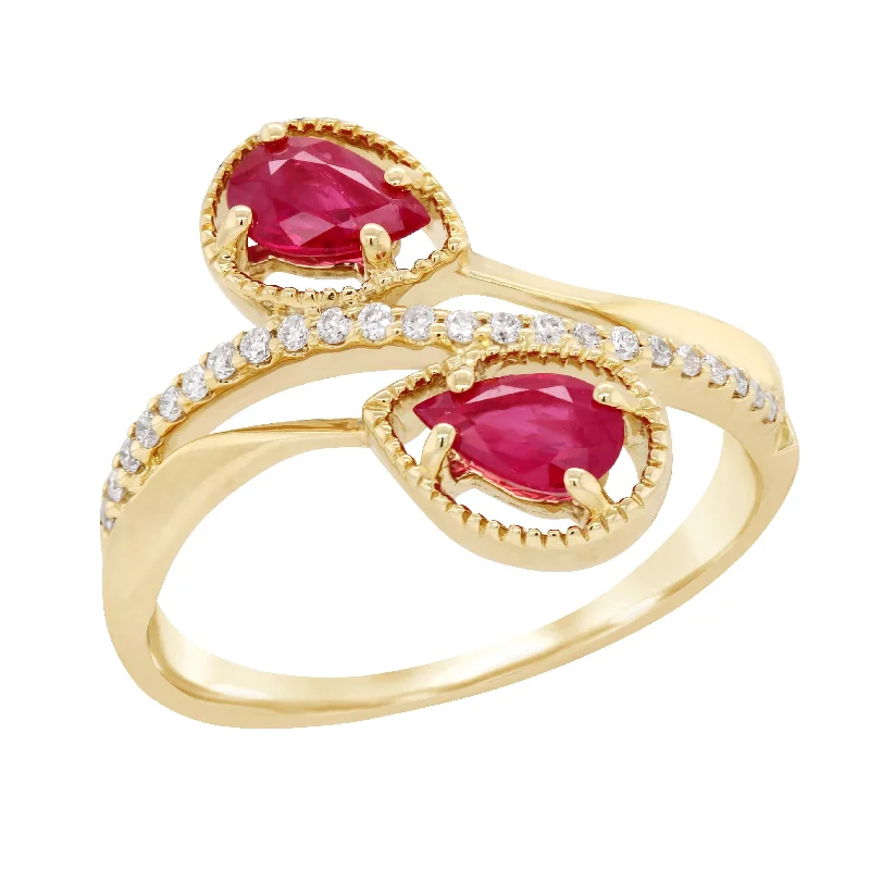 Vintage Engagement Rings For Classic Proposals-YELLOW GOLD FASHION RING WITH 2 PEAR RUBIES AND 23 ROUND DIAMONDS, .12 CT TW