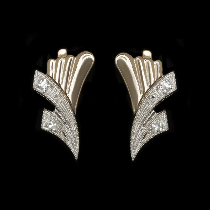 Large Silver Earrings For Bold Fashion-MID CENTURY VINTAGE DIAMOND EARRINGS 14k TWO TONE ROSE WHITE GOLD SOVIET ESTATE