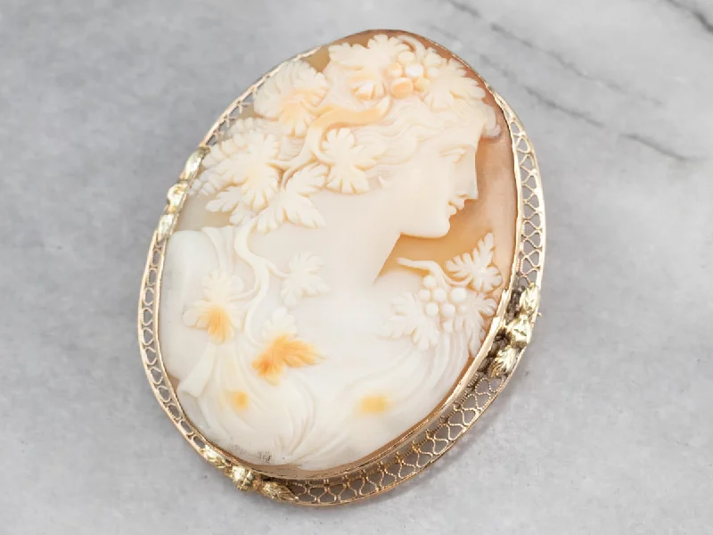 Gorgeous Gold Brooch-Vintage Bacchante Maiden Cameo Gold Brooch Pendant