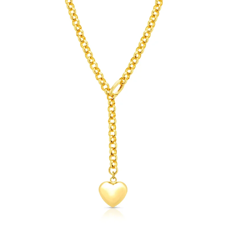 Intricate Necklaces For Special Occasions-PUFFED HEART LARIAT NECKLACE, GOLD