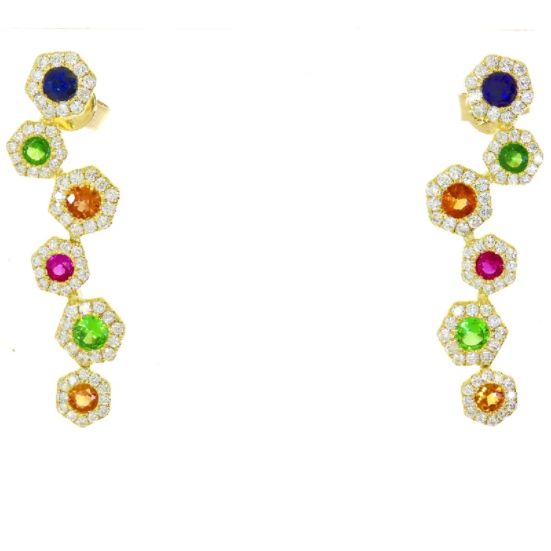 Fashion Earrings For Winter Trends-HEXAGON RAINBOW SAPPHIRE DANGLE EARRINGS E4222