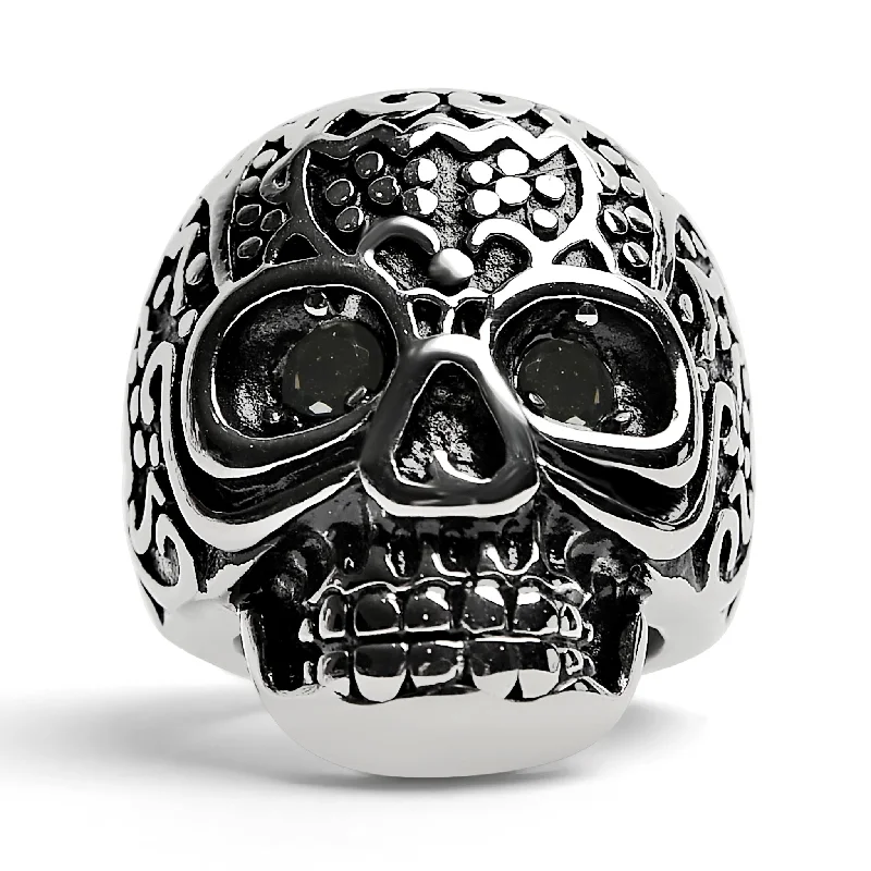 Unique Cocktail Rings For Statement Style-Large Detailed Skull Black CZ Eyed Stainless Steel Ring / SCR4002