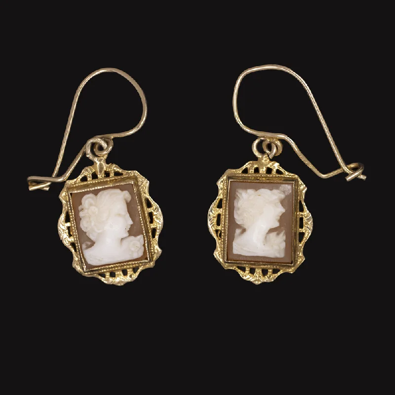 Fashion Earrings For Glamorous Looks-VINTAGE CAMEO EARRINGS 14k YELLOW GOLD DROP DANGLE PORTRAIT PROFILE ESTATE