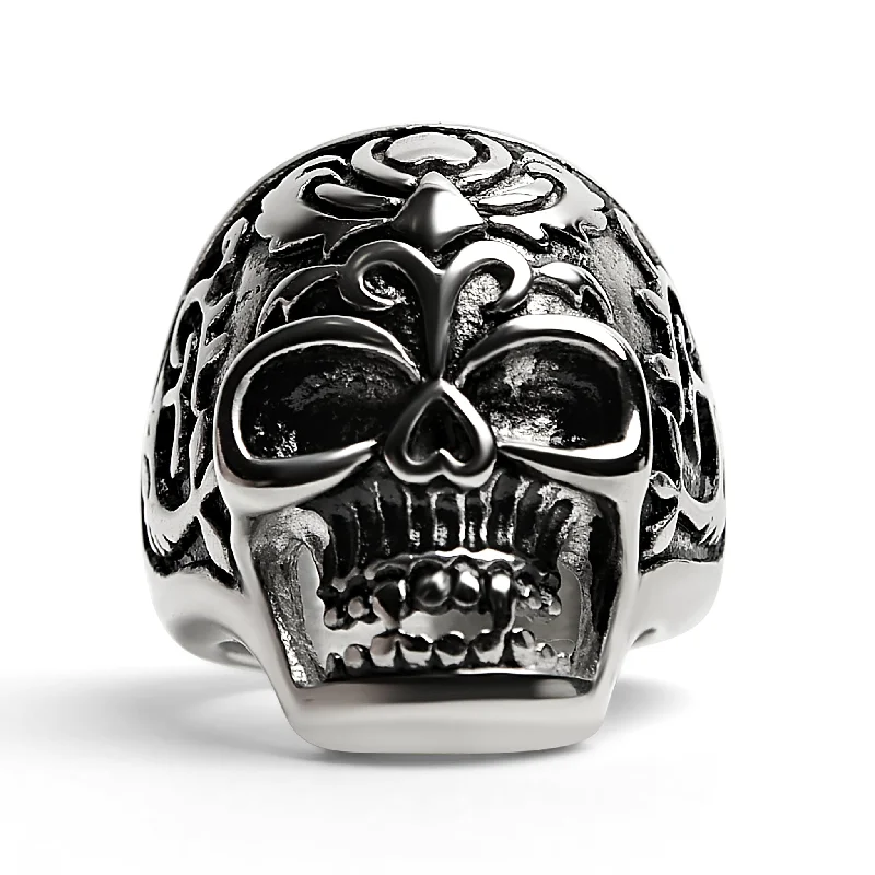 Vintage Rings For Collectors-Detailed Skull Stainless Steel Ring / SCR4029