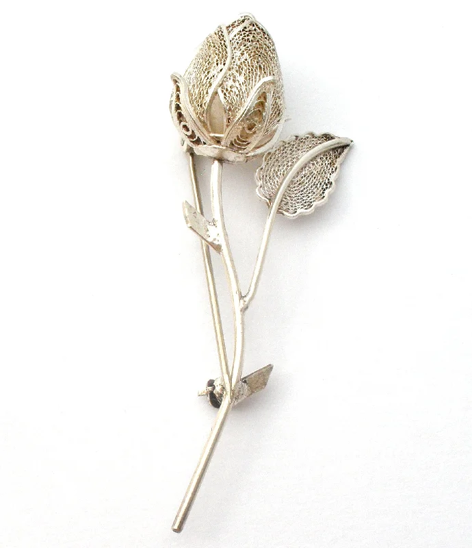 Vintage Brooch For Women-Sterling Silver Filigree Rose Brooch Pin Vintage