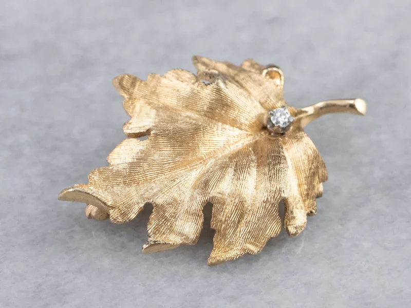 Classic Brooch For Formal Functions-Realistic Gold Diamond Leaf Brooch