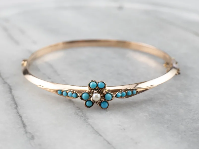 Designer Bangles Set-Vintage Turquoise Glass Floral Rose Gold Bangle Bracelet