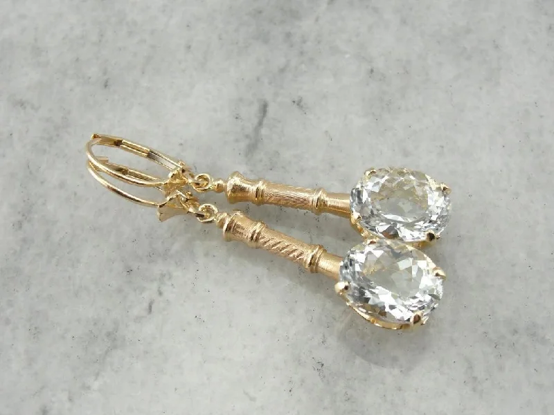 Silver Earrings For Formal Events-Bamboo Under Ice: White Topaz Drop Earrings with Antique Accents