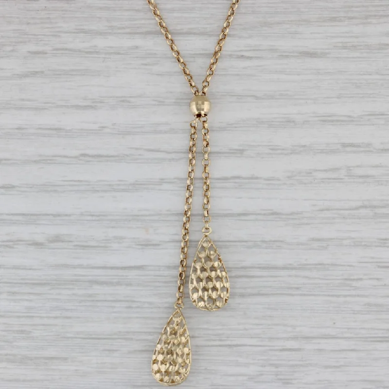 Customizable Gold Necklaces For Special Gifts-Rolo Chain Lariat Necklace 10k Yellow Gold Bead Stations Teardrops 16.75"