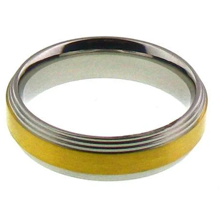 Beautiful Wedding Ring Sets For Couples-Gold Center Grooved Edge Stainless Steel Ring / GRJ0007