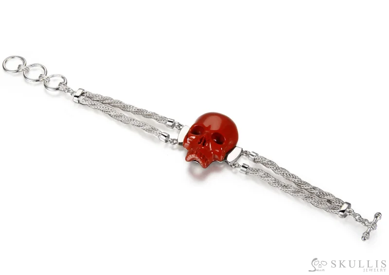 Bracelets For Christmas Gifts-Gem Skull Bracelet of Red Jasper Carved Skull in 925 Sterling Silver