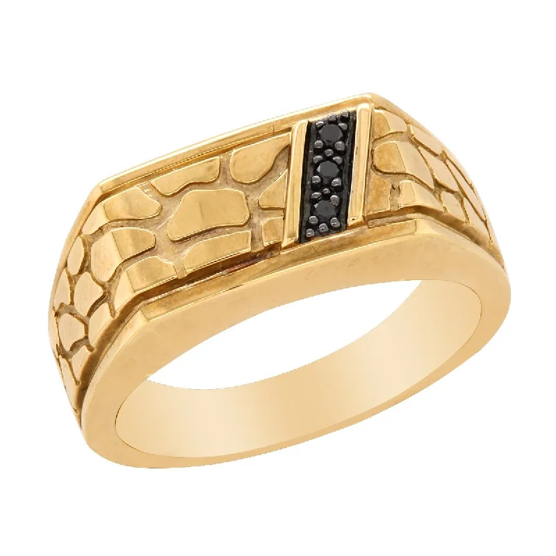 Artistic Handmade Rings For Unique Gifts-MEN'S YELLOW GOLD FASHION RING WITH TEXTURED PATTERN AND BLACK DIAMONDS, 1/10 CT TW