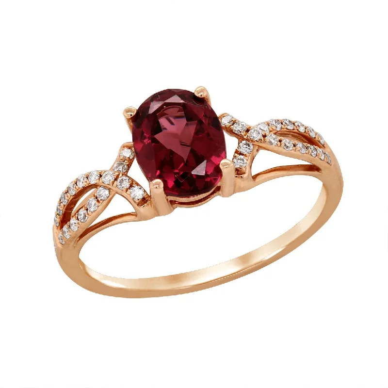 Vintage Engagement Rings For Romantic Look-ROSE GOLD OVAL RHODOLITE GARNET RING WITH 34 DIAMONDS, .14 CT TW