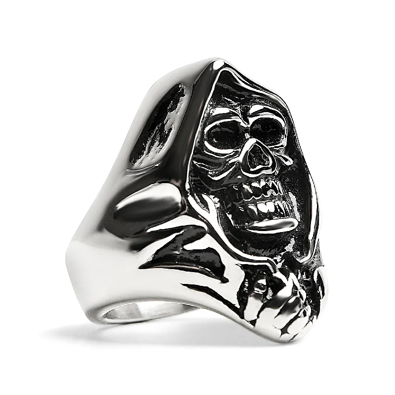 Stylish Cocktail Rings For Special Occasions-Stainless Steel Grim Reaper Skull Ring / SCR4015