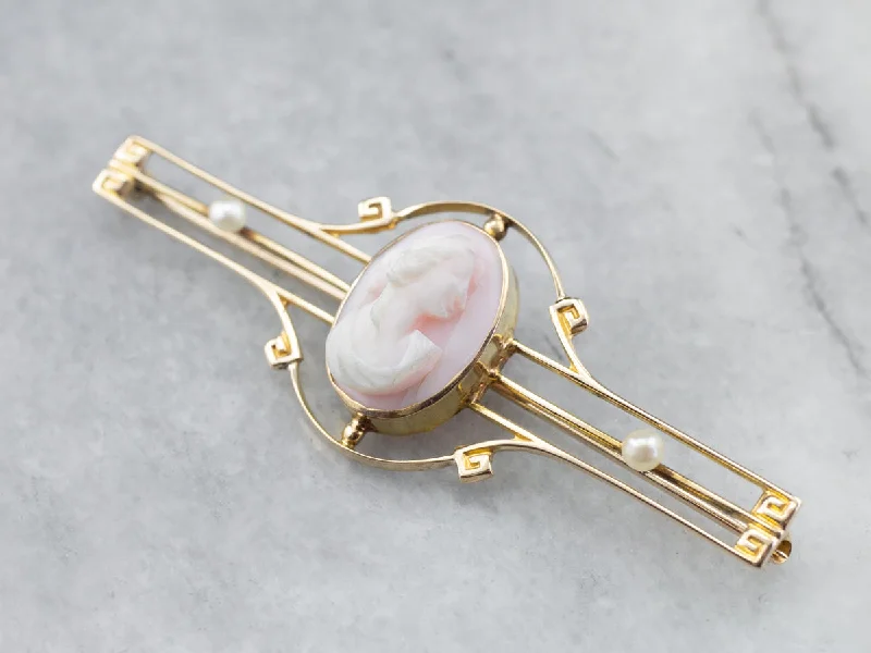 Custom Pearl Brooch For Special Events-Art Nouveau Pink Cameo Seed Pearl Brooch