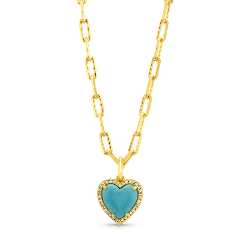 Unique Diamond Necklaces For Gifts-PRECIOUS GEM HEART CHAIN NECKLACE, TURQUOISE GOLD