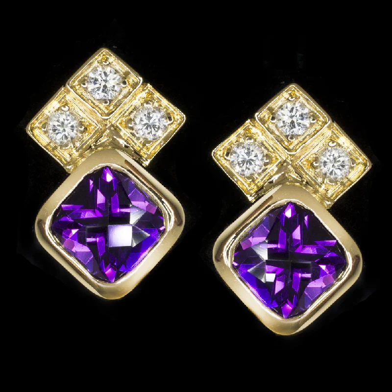 Simple Stud Earrings For Everyday-AMETHYST DIAMOND STUD EARRINGS ESTATE JEWELRY 14k YELLOW GOLD PURPLE CUSHION