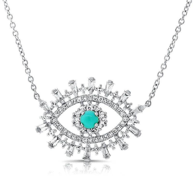 Trendy Cross Necklaces For Bold Fashion-14K White Gold Diamond + Turquoise Evil Eye Necklace