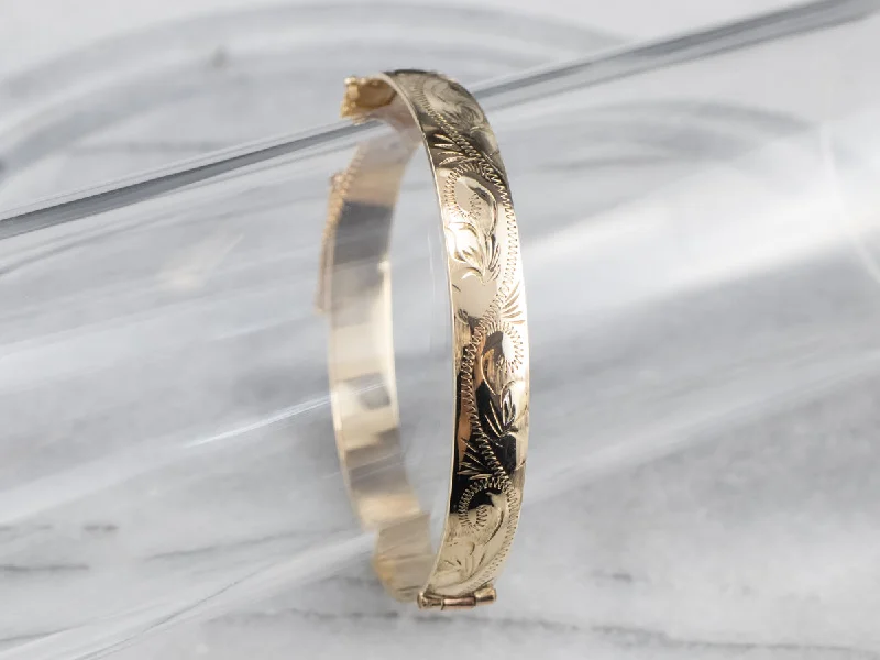 Bangles For Casual Fashion-Vintage Engraved Gold Bangle Bracelet