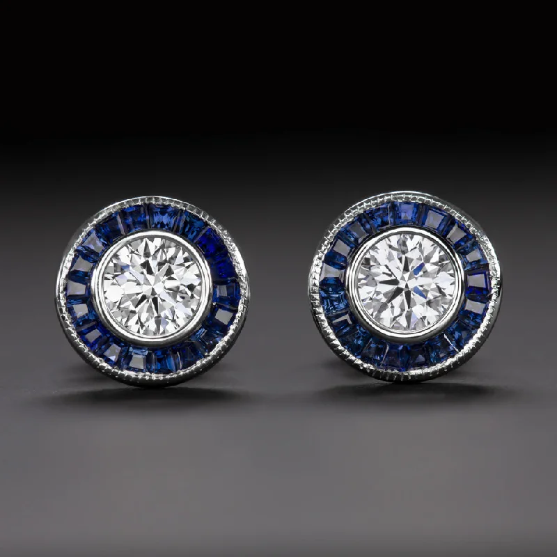 Spherical Earrings For Fashionistas-ART DECO STYLE F VS DIAMOND SAPPHIRE STUD EARRINGS ROUND CUT CALIBRE HALO TARGET