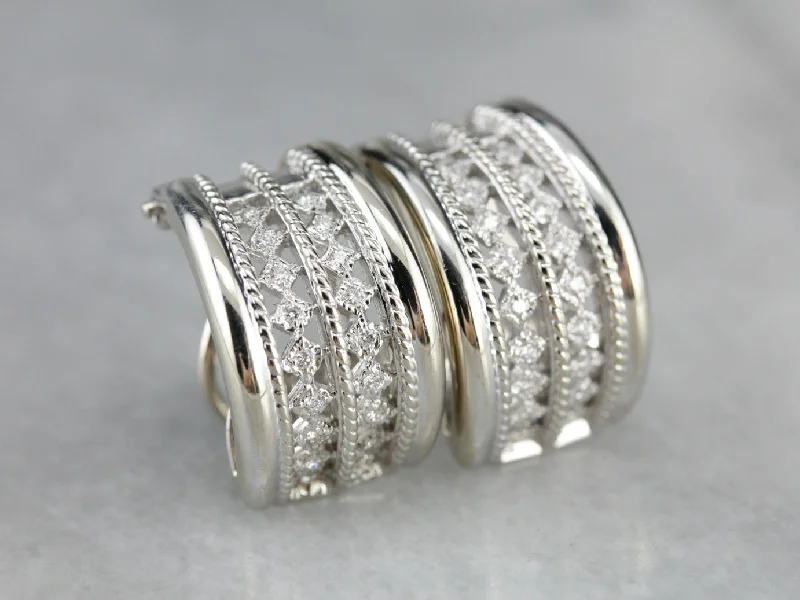 Gold Hoop Earrings For Casual Wear-Diamond Half Hoop Earrings in White Gold