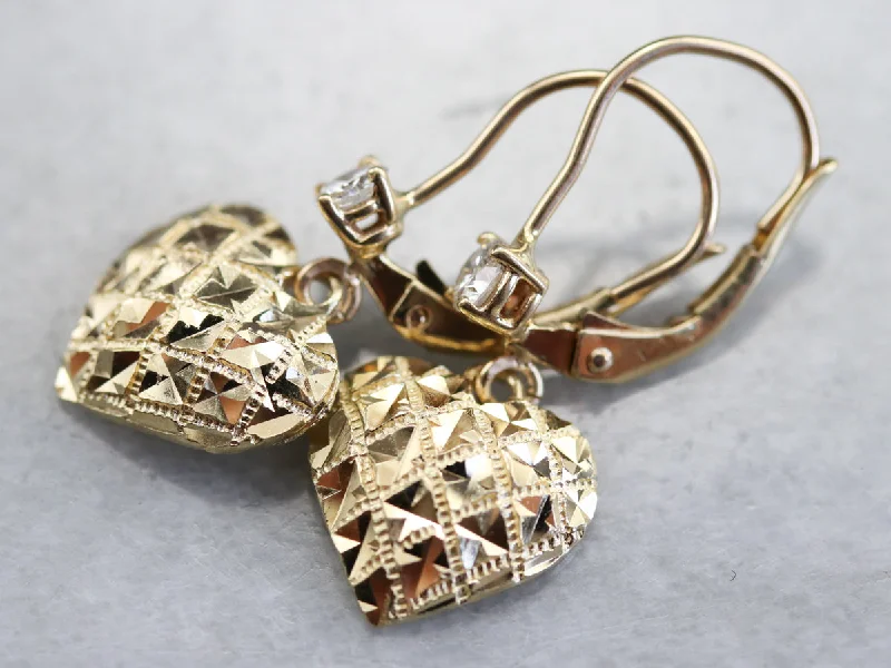 Luxury Earrings For Elegant Events-Gold Diamond Heart Drop Earrings