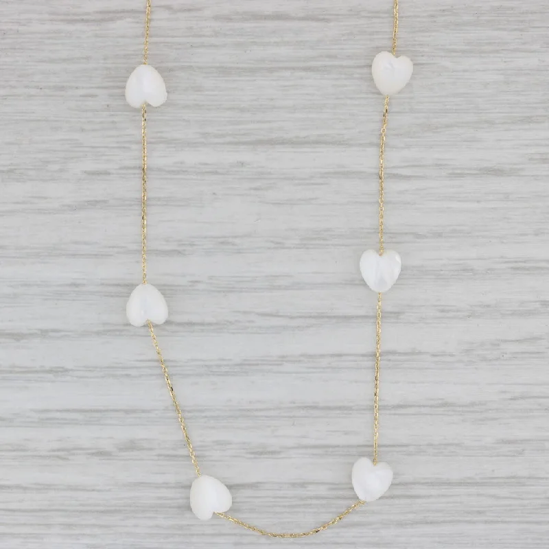 Fashionable Choker Necklaces For Trendy Look-Mother of Pearl Heart Stations Necklace 14k Yellow Gold 17.75" Cable Chain