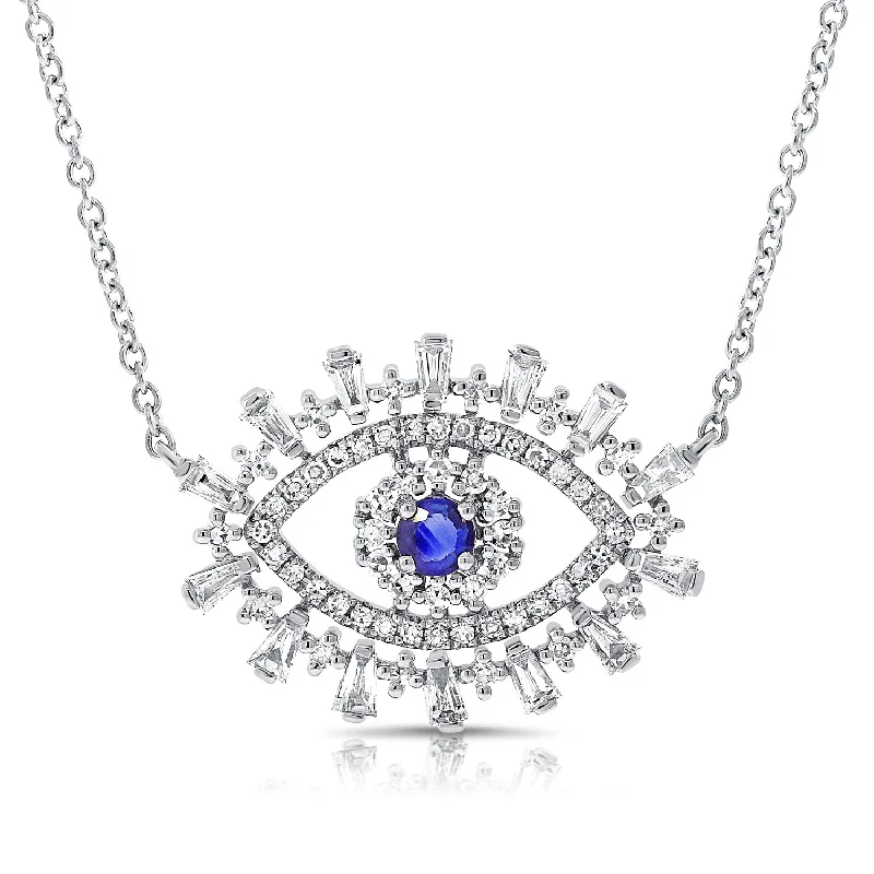 Affordable Diamond Necklaces-14K White Gold Diamond + Sapphire Evil Eye Necklace