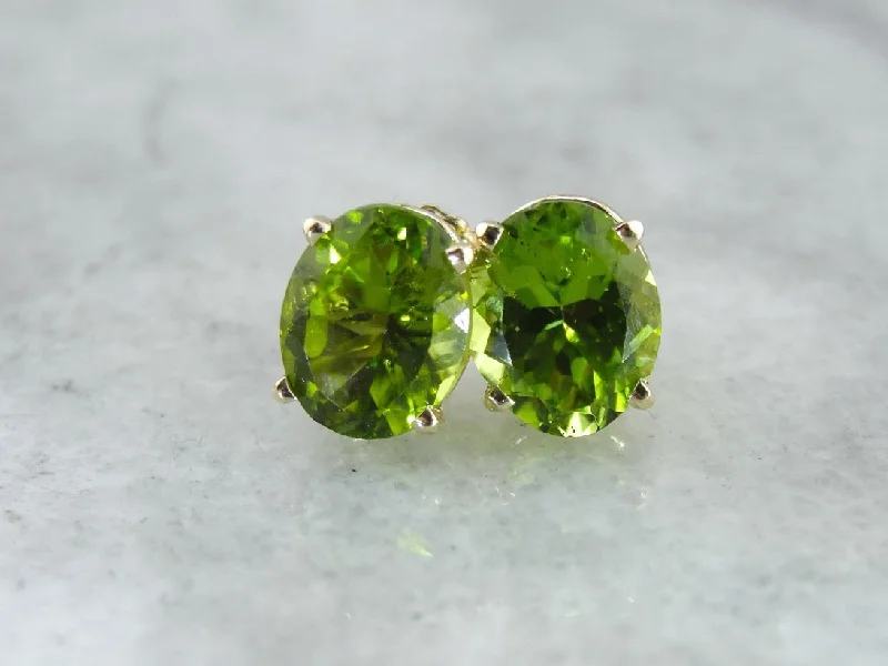 Wedding Earrings For Brides To Be-Large Oval Peridot Stud Earrings in Yellow Gold