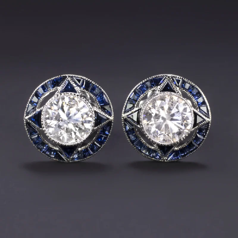 High-End Earrings For Elegant Occasions-1.40ct DIAMOND SAPPHIRE STUD EARRINGS VINTAGE STYLE TARGET CALIBRE NATURAL ROUND