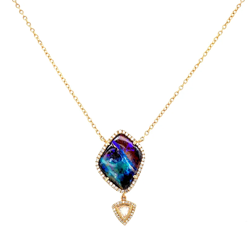 Bridal Necklaces For Wedding Day-14K Yellow Gold Diamond + Boulder Opal Necklace