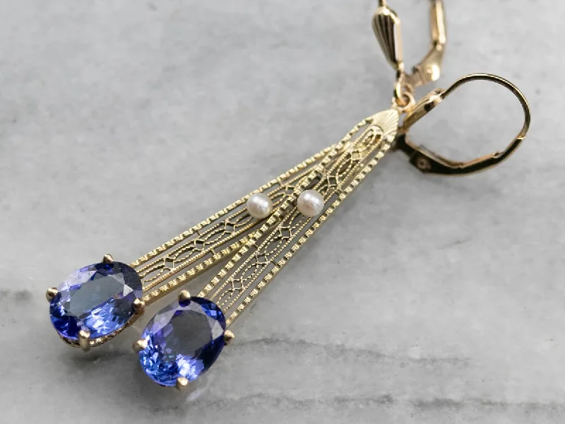 Pearls Earrings For Casual Occasions-Our Finest Tanzanite and Pearl Filigree Drop Earrings