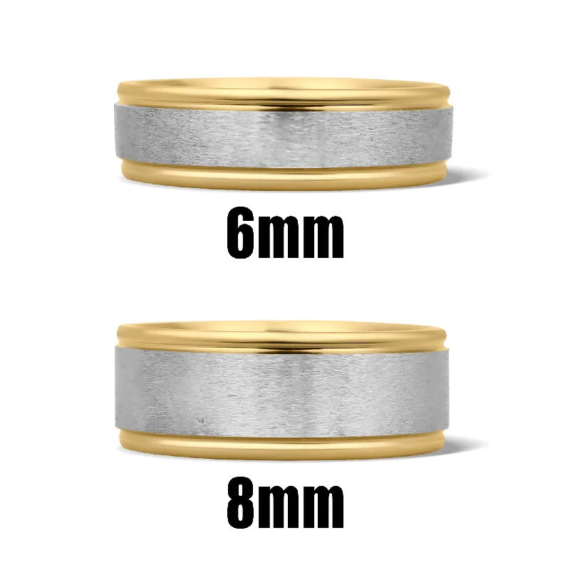 Unique Promise Rings For Couples-Brushed Center Gold Groove Edge Stainless Steel Ring / PBJ2919