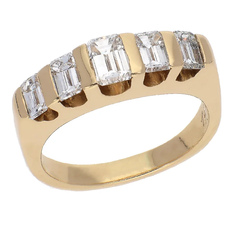 Custom Wedding Rings For Couples-14K Yellow Gold Emerald Cut Five Stone Diamond Anniversary Band Ring