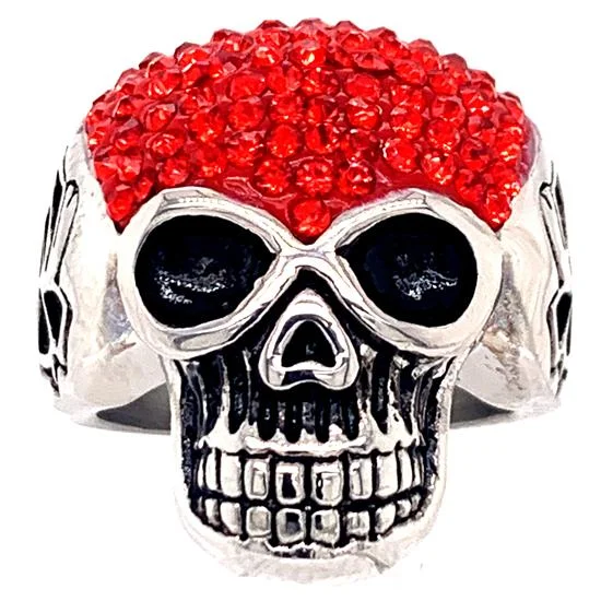 Artistic Handmade Rings For Unique Gifts-Skull With Tiny Red Accent CZ Stones Stainless Steel Ring / SCR3105