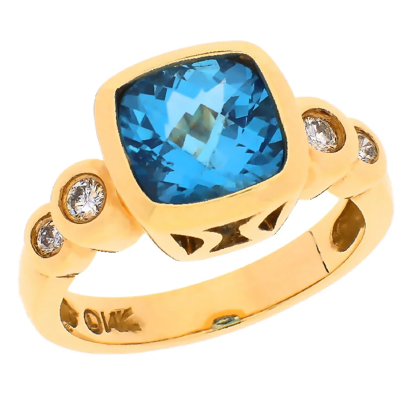 Dainty Gold Rings For Minimalist Look-14K Yellow Gold Blue Topaz & Diamond Bezel Set Ring