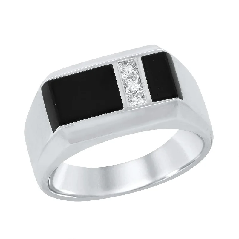 Trendy Opal Rings For Fashionistas-MEN'S WHITE GOLD RING WITH BLACK AGATE AND PRINCESS CUT DIAMONDS, .19 CT TW