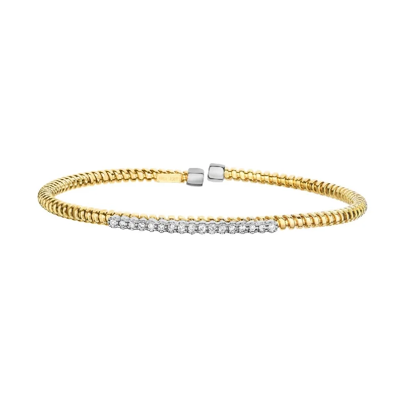 Gorgeous Bangles For Brides-14Kt Yellow+White Gold Shiny 0.17Ct 1 Pointer Faceted Round Diamond Bar Element On Wire Textured Fancy Flexable Cuff Type Bangle N3794