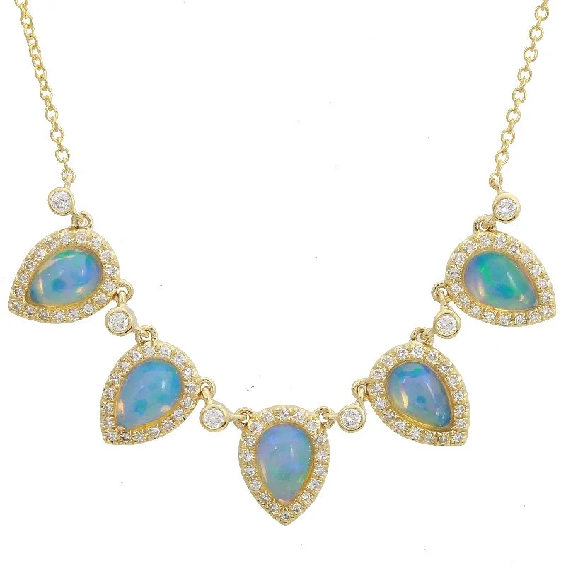 Luxury Necklaces For Special Occasions-14k Yellow Gold Diamond & Opal Necklace