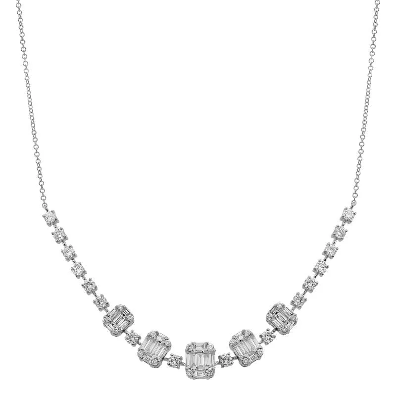 Beautiful Heart Necklaces For Loved Ones-14k White Gold Round Diamond and Baguette Necklace