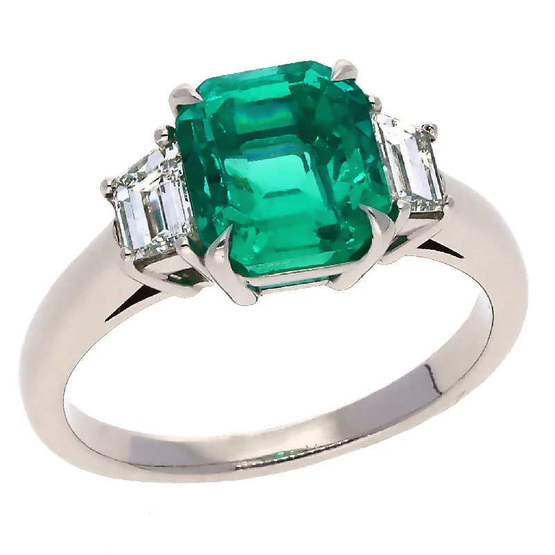 Elegant Gold Rings For Everyday Style-Platinum Natural Beryl Emerald Cut Emerald and Trapezoid Diamond Fashion Ring