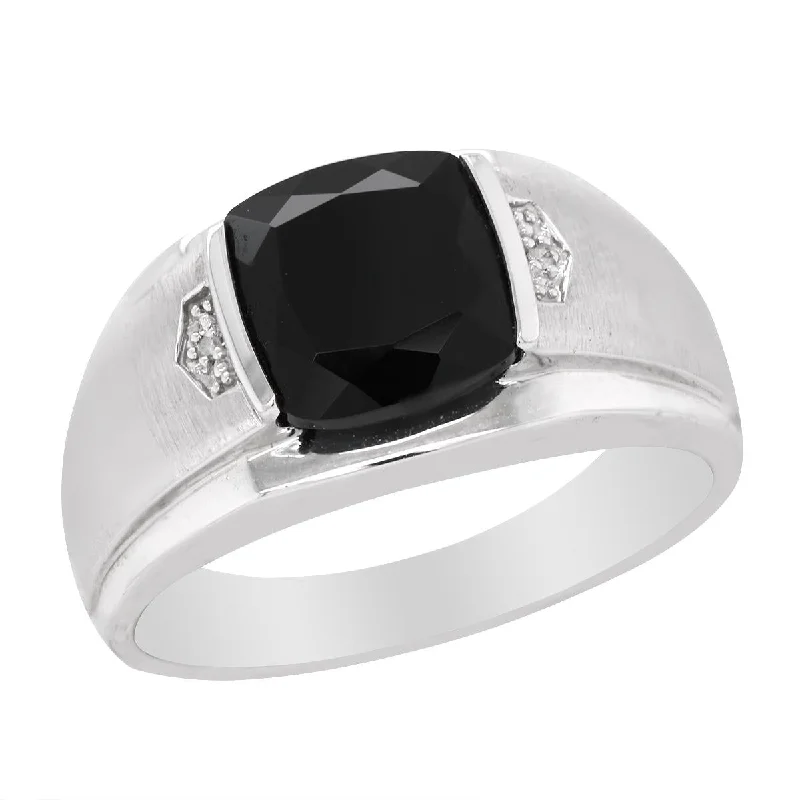 Luxury Rose Gold Rings For Special Days-MEN'S WHITE GOLD FASHION RING WITH BLACK ONYX AND TWO DIAMONDS, .006 CT TW