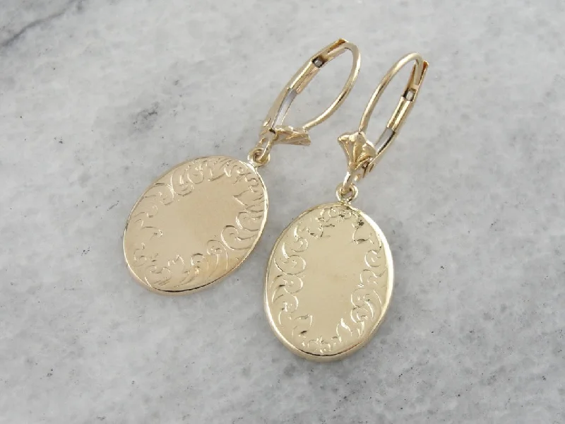 Elegant Stud Earrings For Weddings-Yellow Gold Drop Earrings with Simple, Engraved Border