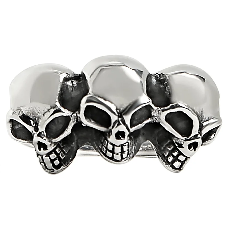 Minimalist Engagement Rings For Subtle Style-Sterling Silver Triple Black Eyed Skulls Ring / SSR0009