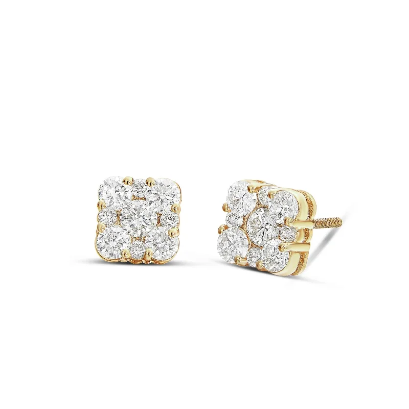 Colorful Stone Earrings For Formal Events-14K Gold 0.80ct Square Diamond Cluster Stud Earrings