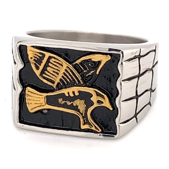 Beautiful Birthstone Rings For Personalized Gifts-Stainless Steel 18K Gold PVD Coated Eagle Center Men's Signet Ring / GRJ0004