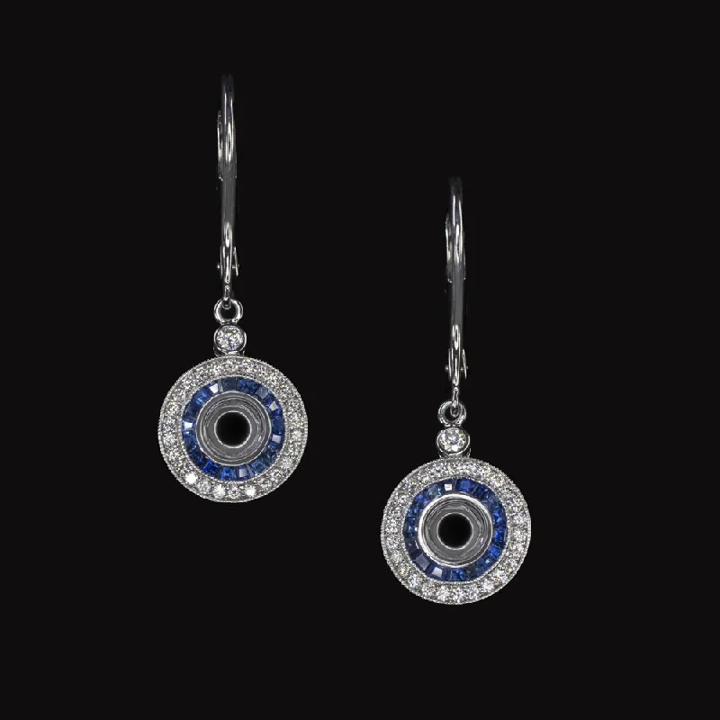 Handmade Earrings For Exclusive Collections-VINTAGE STYLE SAPPHIRE DIAMOND SEMI MOUNT EARRINGS 4mm ROUND SETTING DANGLE DROP