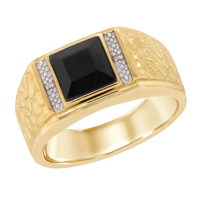 Handmade Diamond Rings For Unique Proposals-MEN'S YELLOW GOLD FASHION RING WITH BLACK ONYX AND DIAMONDS, .007 CT TW